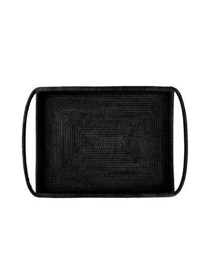 Black woven rectangular tray with handles