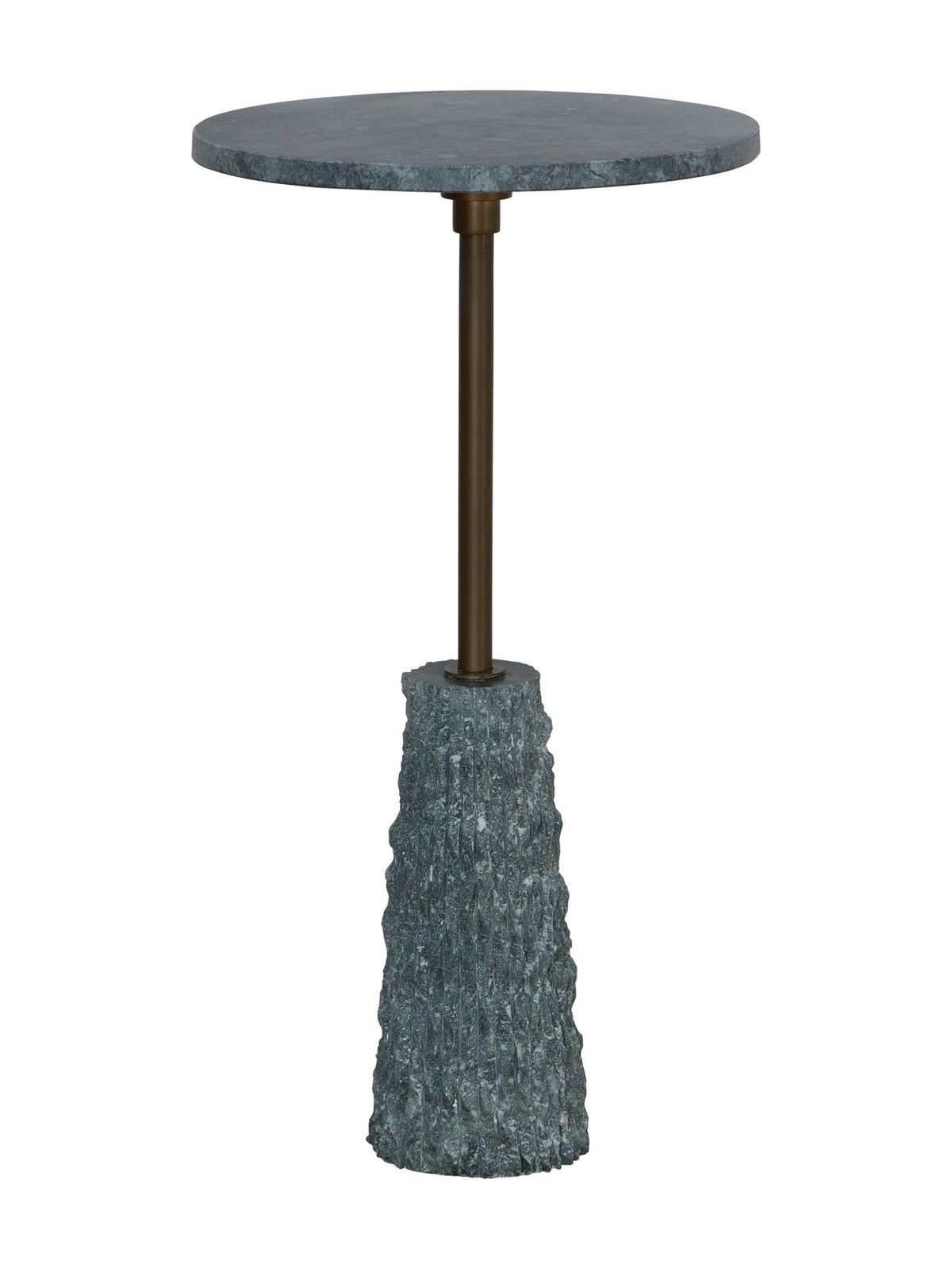 Round marble table with a textured stone base 