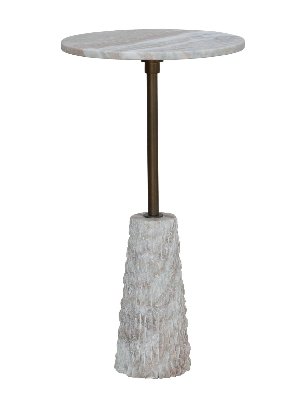 Round marble table with a textured stone base