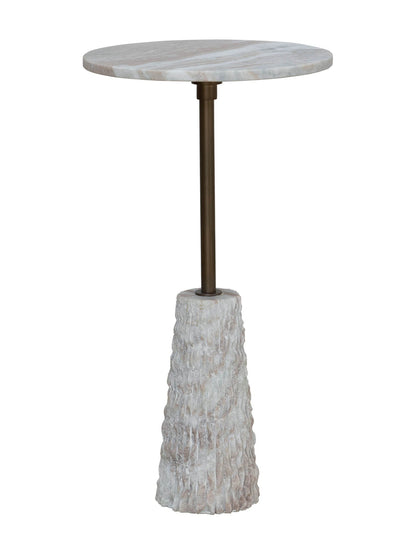 Round marble table with a textured stone base
