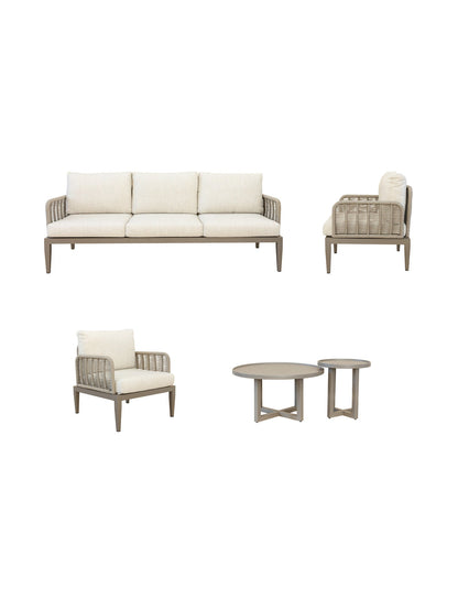 Outdoor furniture set with sofa, chairs, and tables 