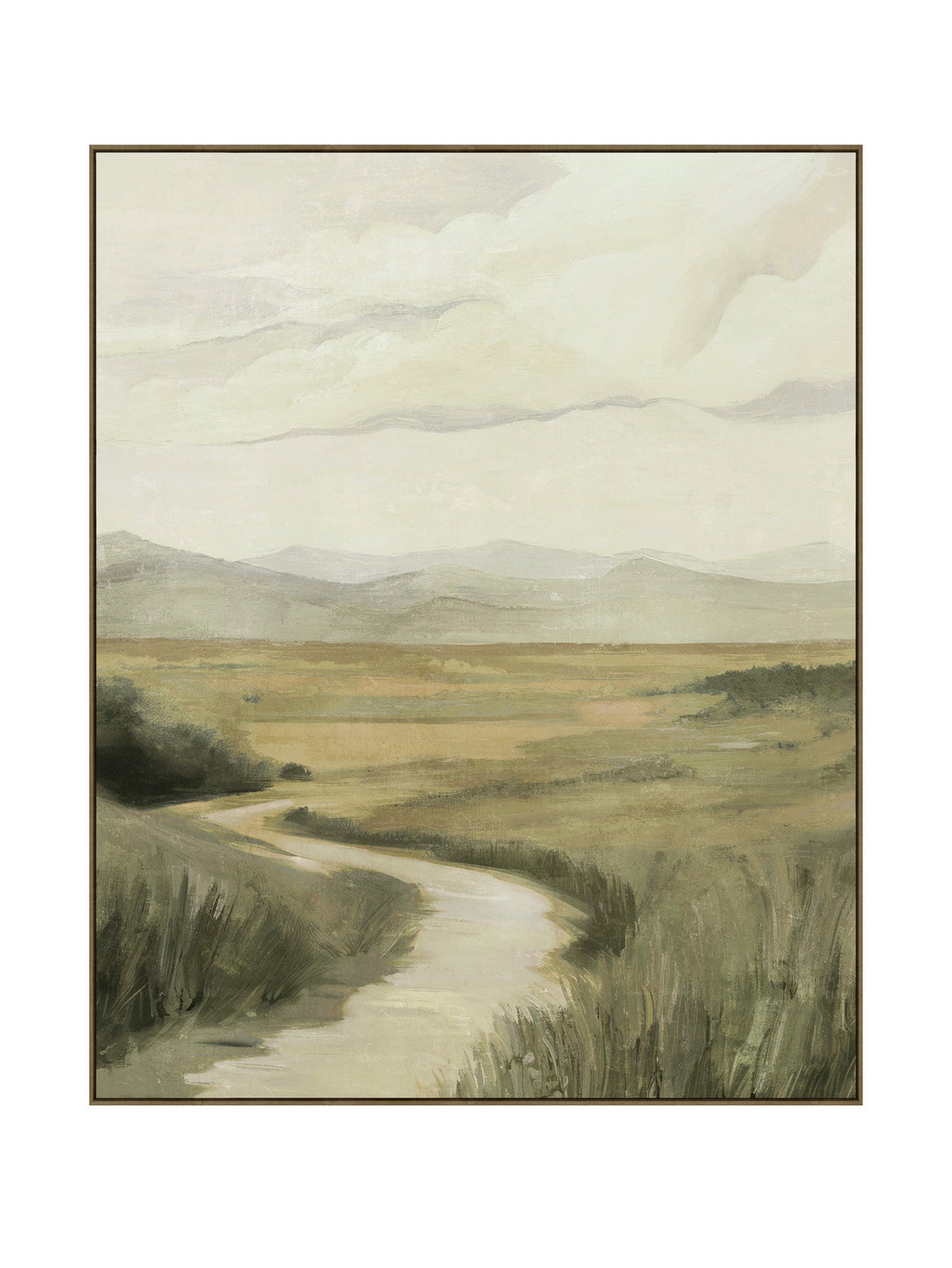 Framed artwork of a landscape with a winding path and green fields.