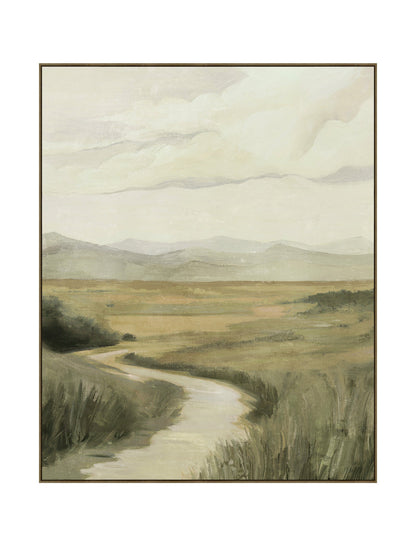 Framed artwork of a landscape with a winding path and green fields.