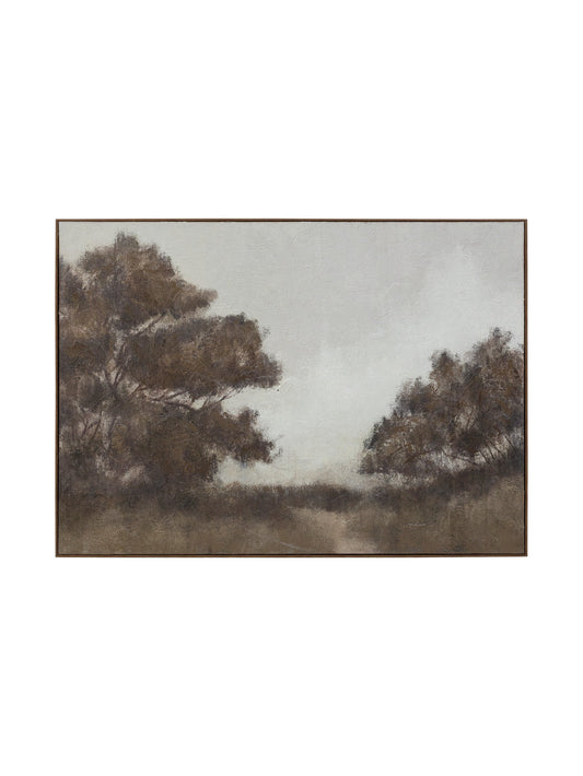 Weathered Fields Wall Art in Sepia, framed landscape of brown trees and path under a misty grey sky