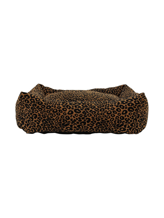 WildDot Pet Bed in Fudge, rectangular caramel and black leopard-print pet bed with raised edges