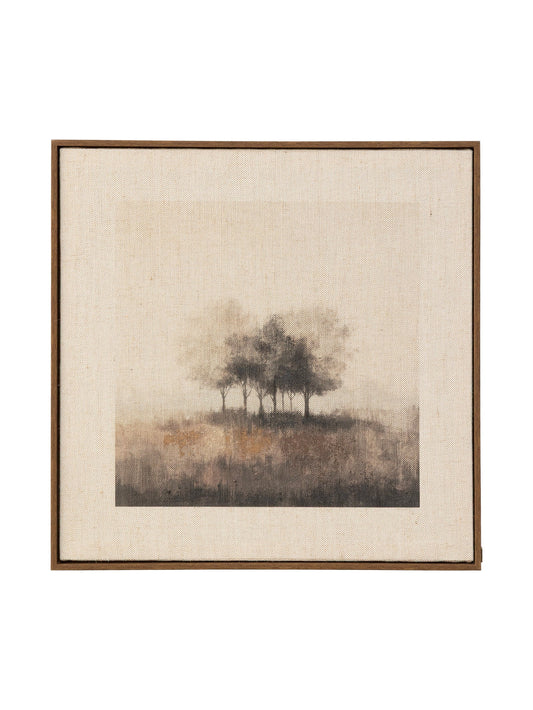 Woodlands Gathering Wall Art in Greenery, square framed misty tree cluster on natural linen border