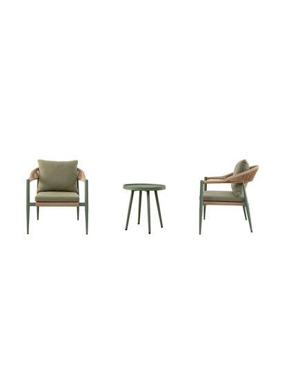 Two chairs with cushions and a small table 