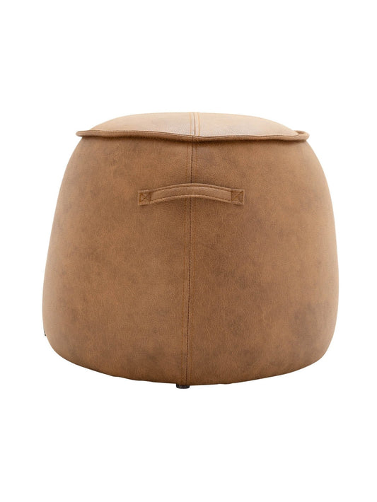 Tan leather upholstered ottoman with attached handle