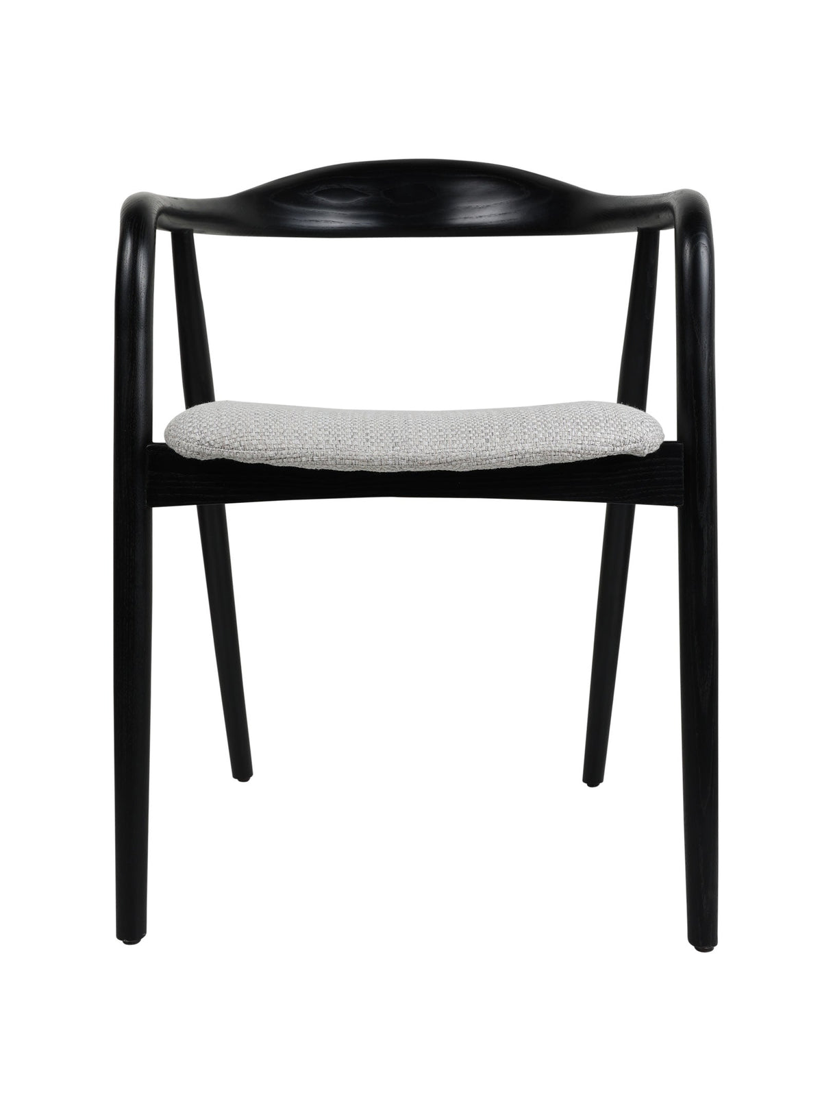 Black wooden dining chair with grey upholstered seat cushion