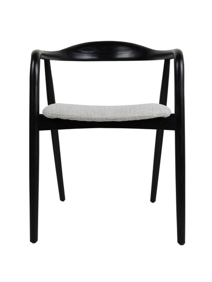 Black wooden dining chair with grey upholstered seat cushion
