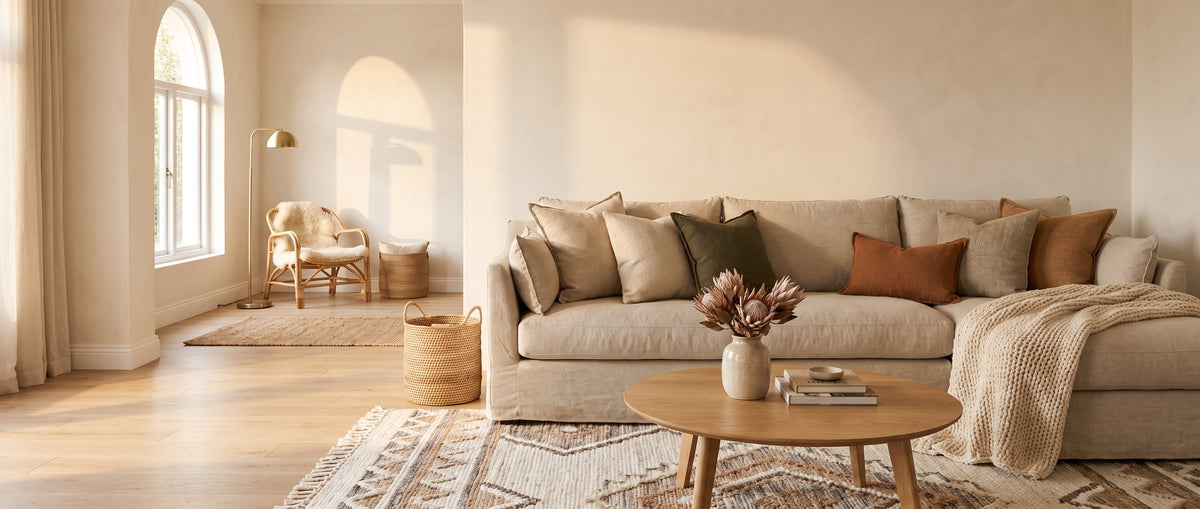 Linen sofa layered with scatter cushions and a knitted throw in a sunlit living room