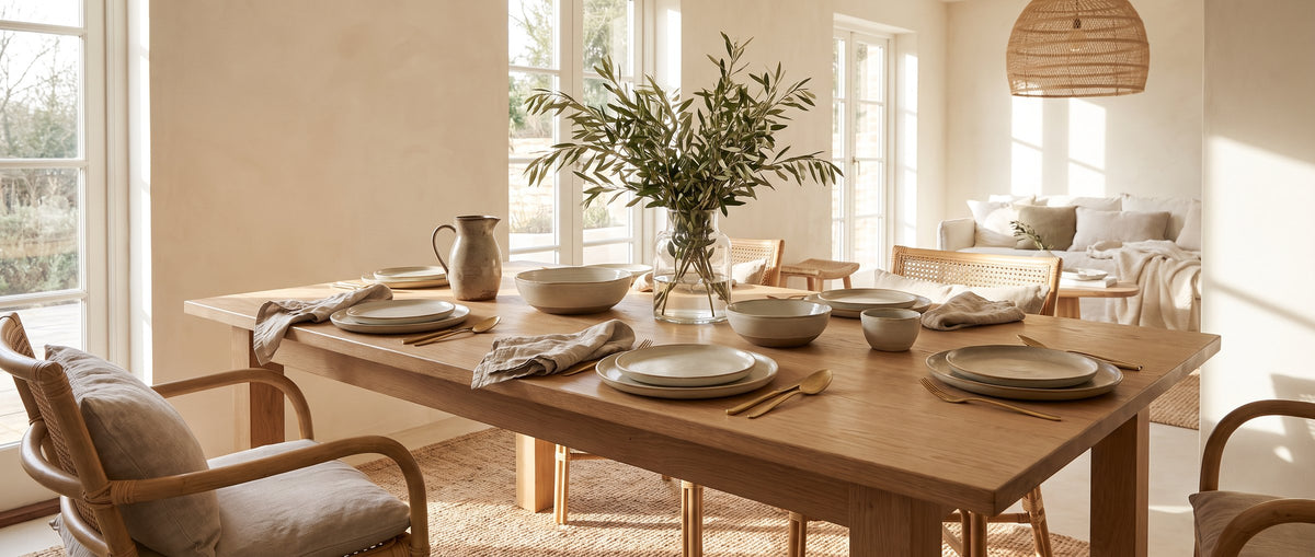 Oak dining table laid with stoneware plates, bowls and linen napkins