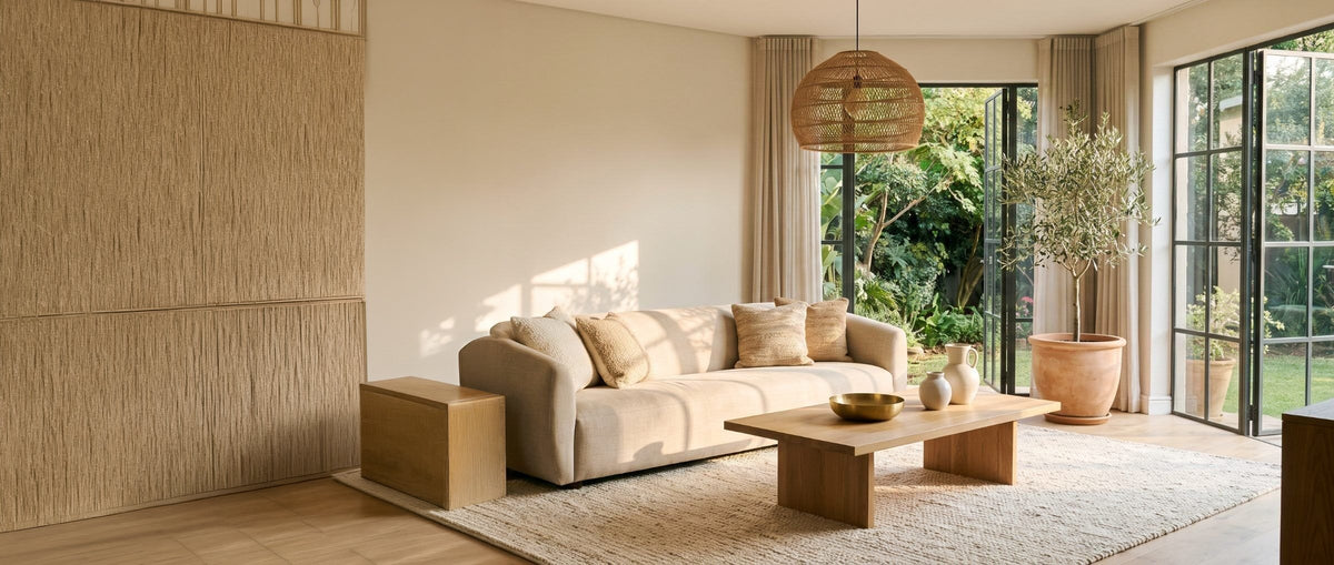 Linen sofa, oak coffee table and rattan pendant in a sunlit living room