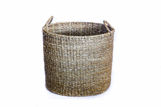 Large Seagrass Round Cylinder Basket With Top Handles and Metal Inner