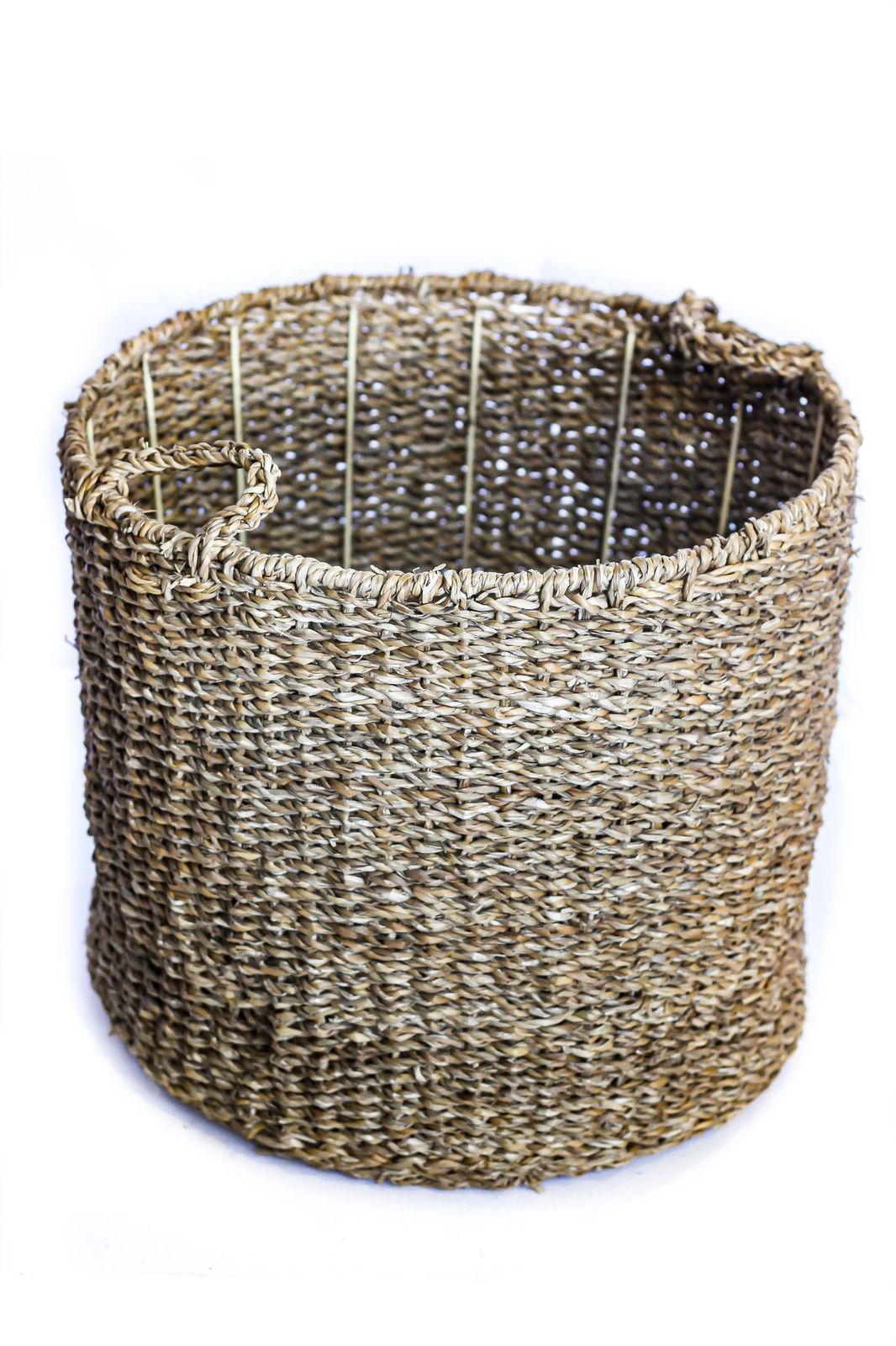Large Seagrass Round Cylinder Basket With Top Handles and Metal Inner