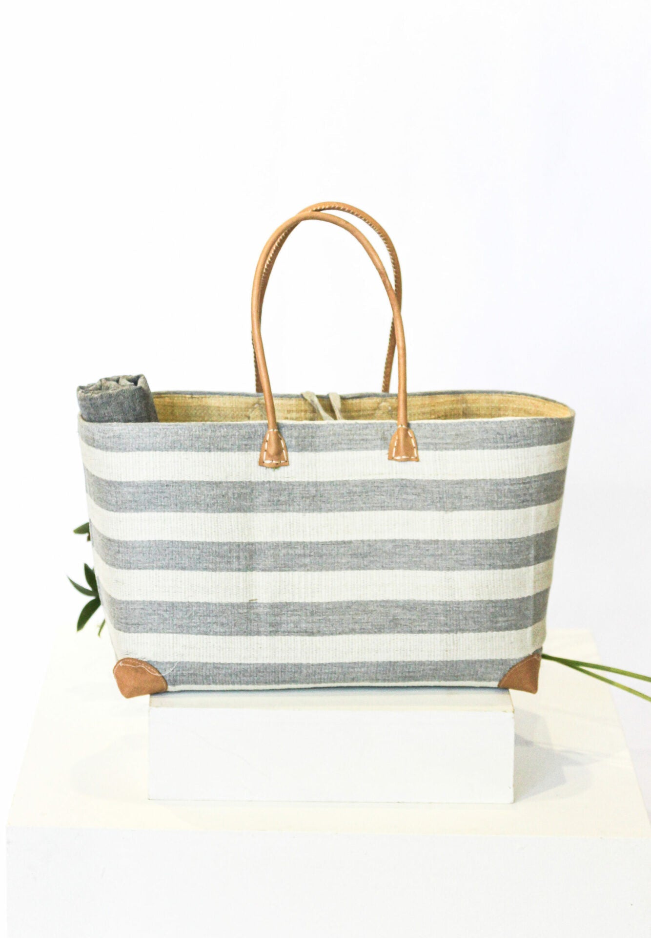 Striped Light Grey Beach Basket