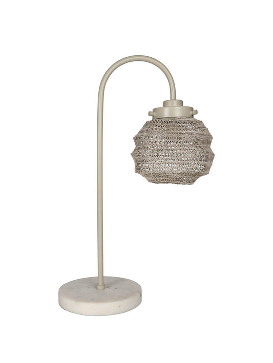 Bedside lamp with tactile design featuring malleable powder-coated steel mesh and marble base.