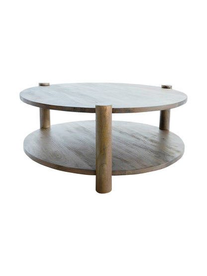 Round wooden coffee table with 3 legs